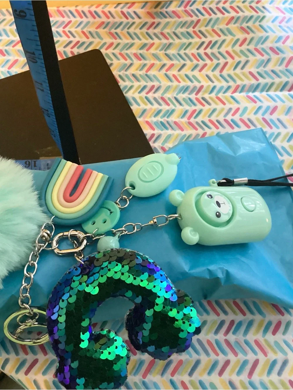 NWOT - Backpack Charms ! LED Flashlight & Alarm included!! Mint Pom